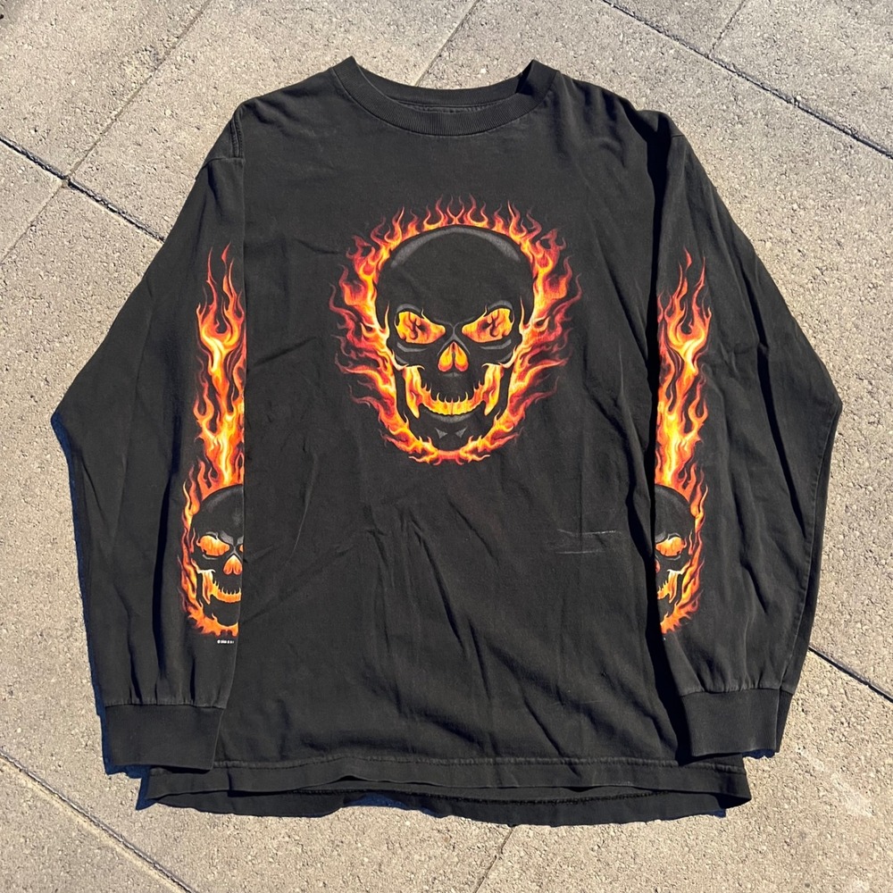 Vintage 2004 AAA Alstyle Flaming Skull Long Sleeve Shirt Black Mens Medium Y2K